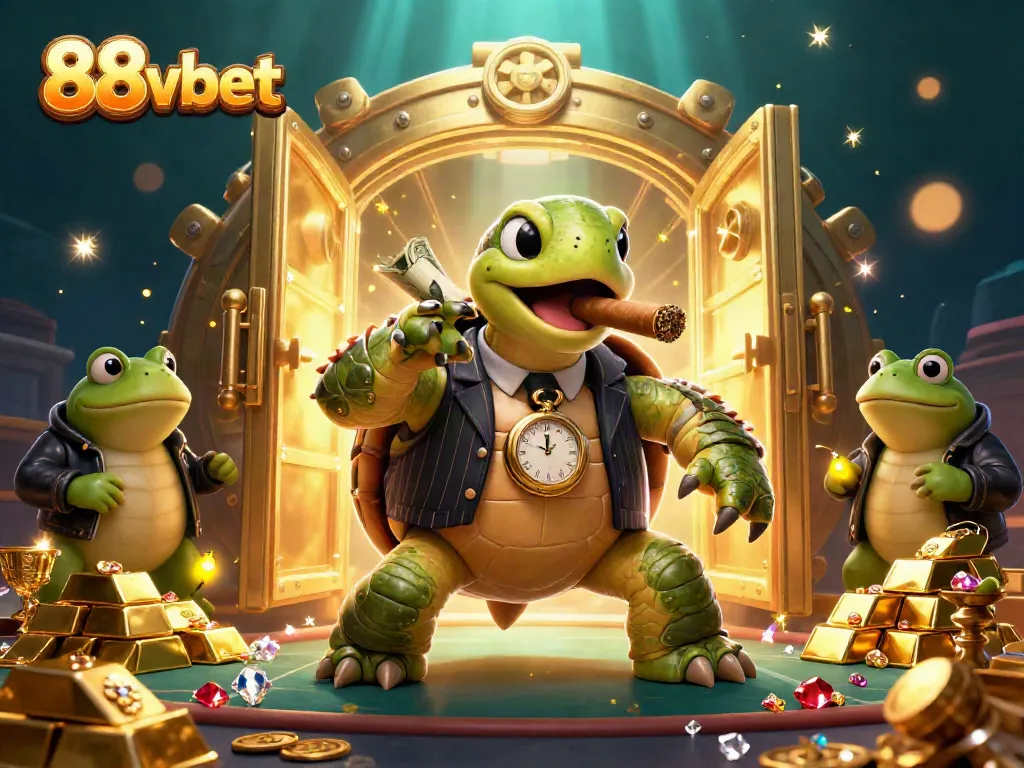 Experience thrilling gameplay at 88vbet with a playful turtle and frog enforcers illuminating a treasure-filled casino scene.