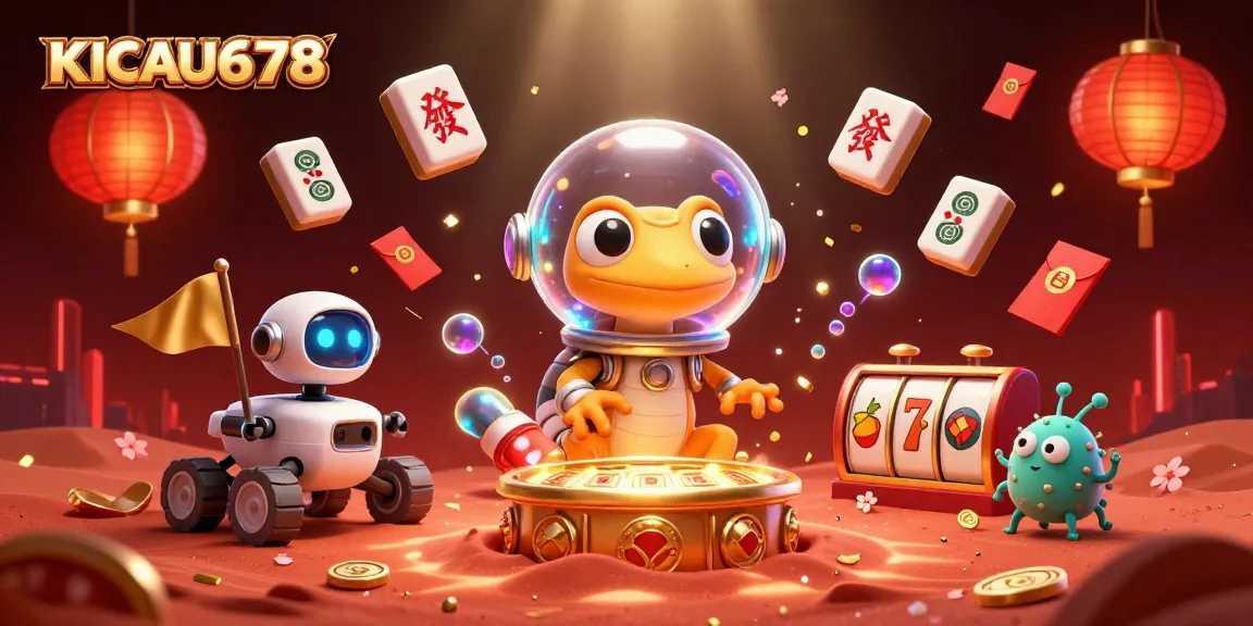 KICAU678 showcases a Martian gecko discovering a golden casino amidst vibrant casino elements, emphasizing rich gaming excitement.