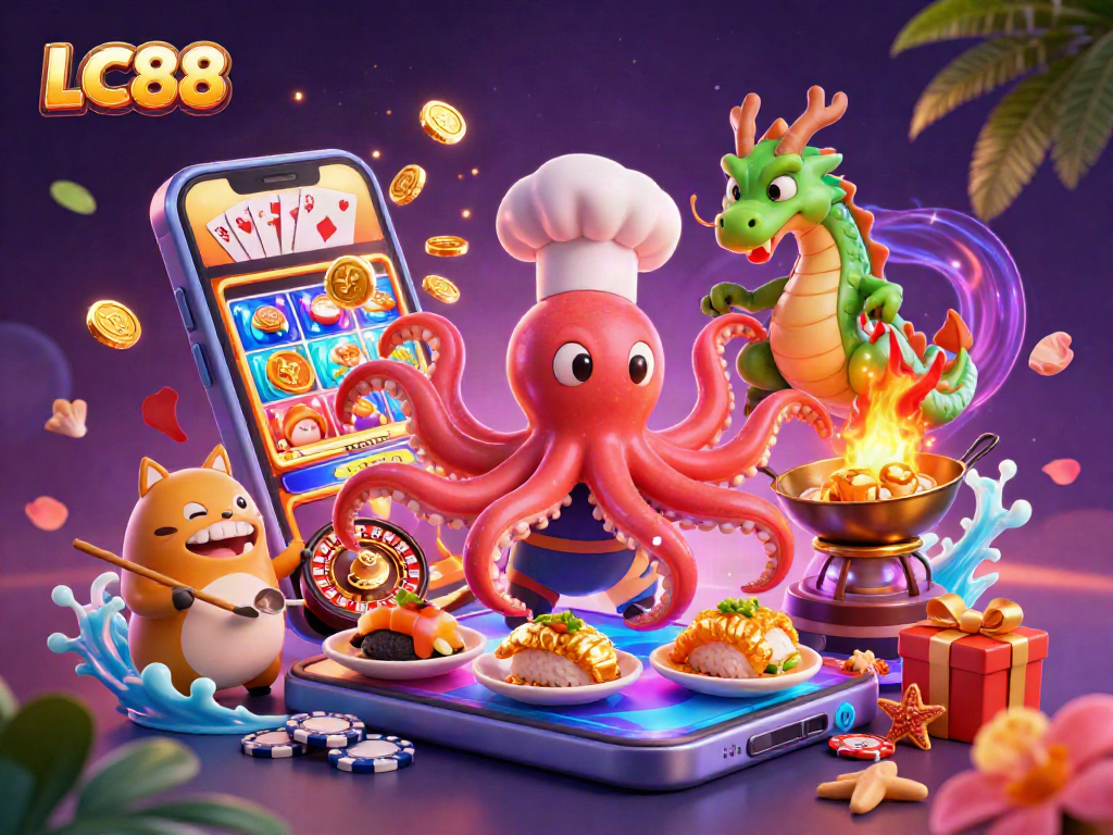 Experience LC88 with vibrant 3D characters and dynamic casino elements, showcasing winning opportunities.