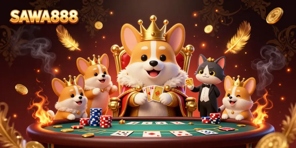 Engage in SAWA888's vibrant poker scene with a royal corgi and cat butler.