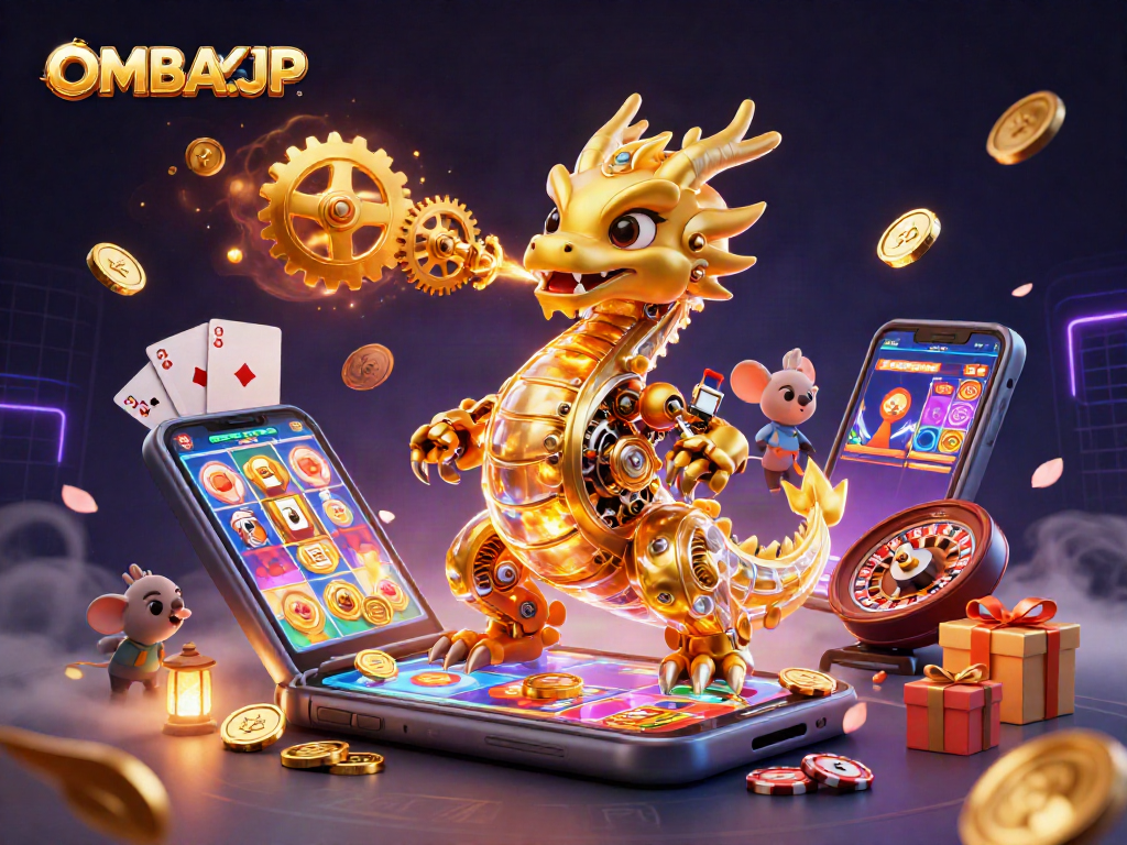 Experience OMBAKJP's thrilling gaming scene with a dragon and slot games lighting up the night.