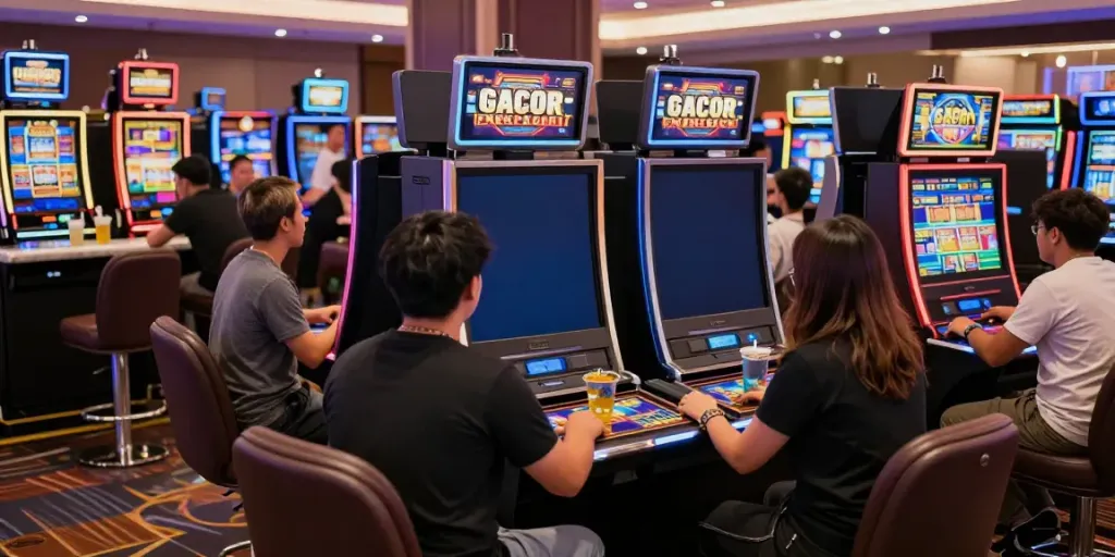 Engaging scene of players enjoying slot gacor games in a vibrant casino environment, illustrating excitement and fun.