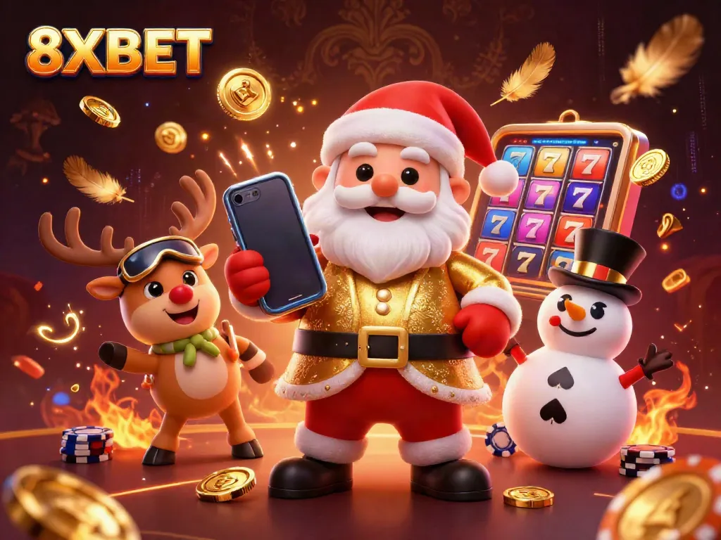 Experience the excitement of 8XBET with Santa, a reindeer dealer, and a poker chip snowman in a vibrant casino setting.