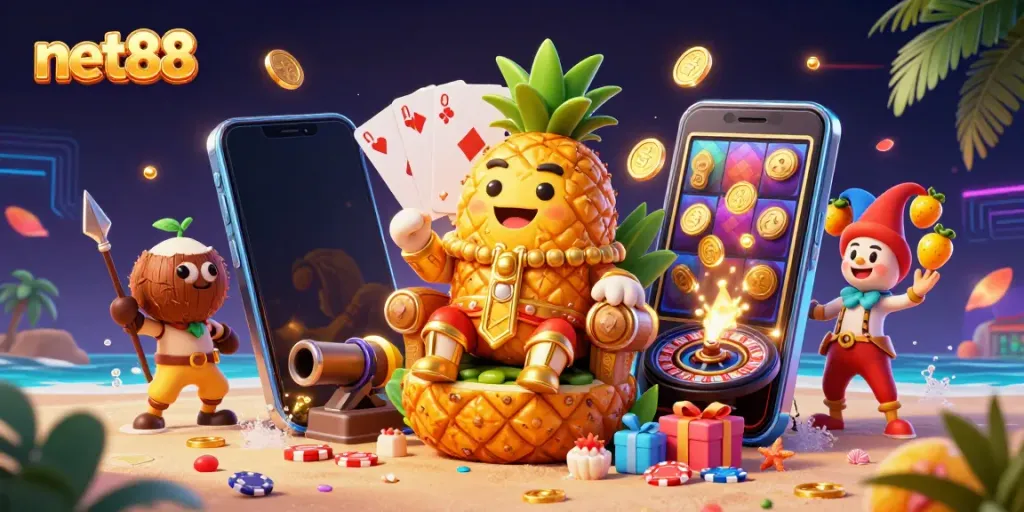 Catch thrilling moments at net88 with a golden pineapple king and a jester on a casino beach adventure.