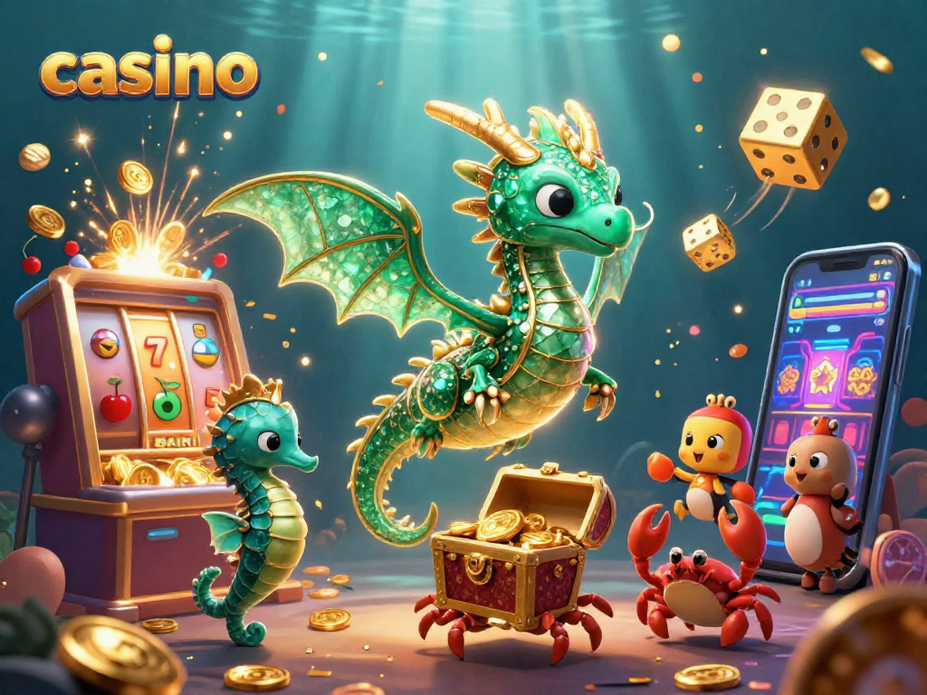 Experience an exciting casino adventure with a vibrant scene featuring slots, treasures, and mythical creatures.