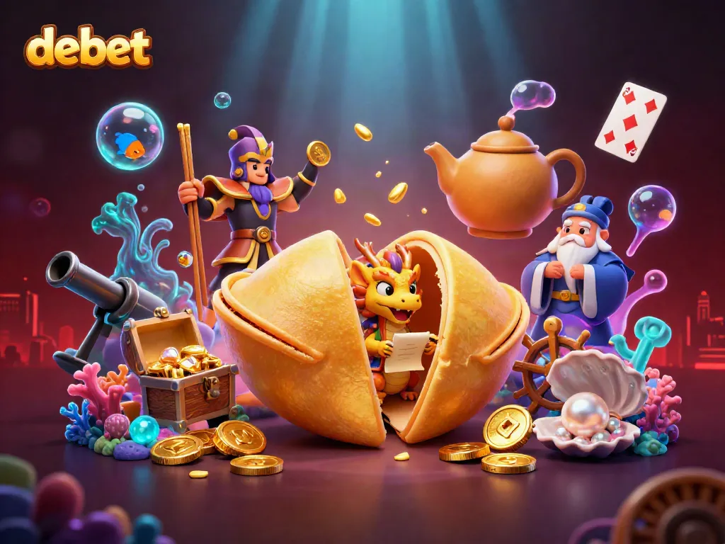 Experience the thrill of debet gaming with a vibrant 3D casino illustration, showcasing fortune cookies and gold treasures.