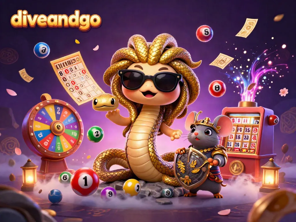 Diveandgo illustrates a vibrant 3D scene featuring Medusa and a warrior mouse surrounded by dynamic gambling elements.