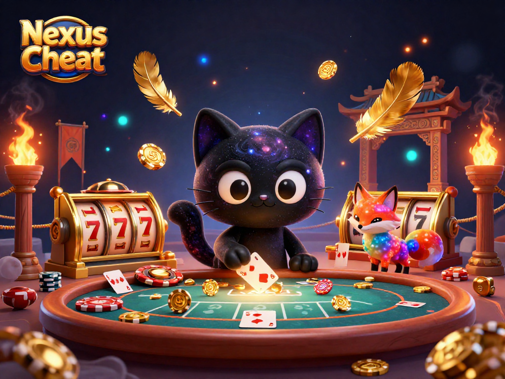 Nexus Cheat showcases a cosmic casino scene with a black hole cat and colorful fox, featuring slots, cards, and dynamic gaming elements.