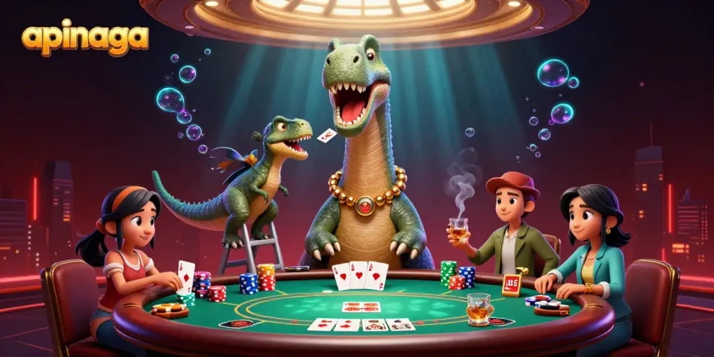 Exciting gaming scene with apinaga elements, featuring a towering dinosaur and poker action.