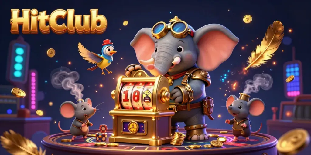 HitClub showcases exhilarating gameplay with a steampunk elephant operating a vibrant slot machine.