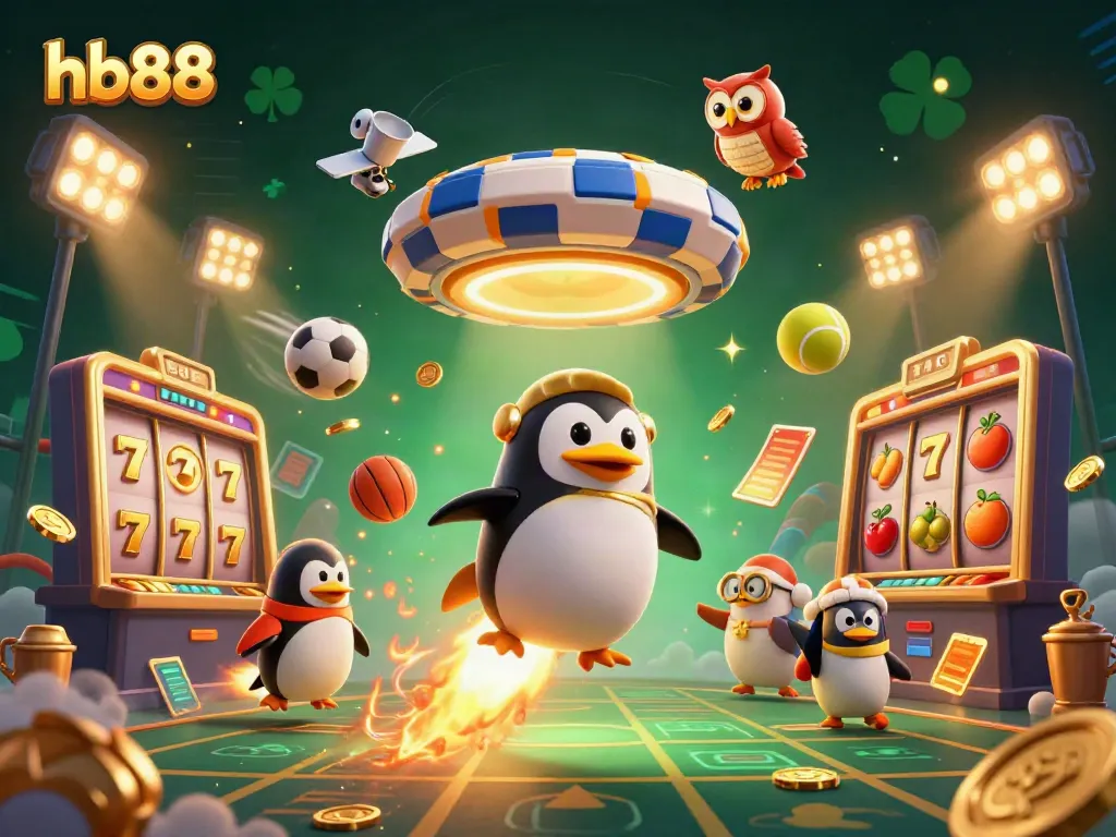 hb88 casino experience illustrated with a golden penguin heading to a poker chip station, surrounded by slot reels and game elements.
