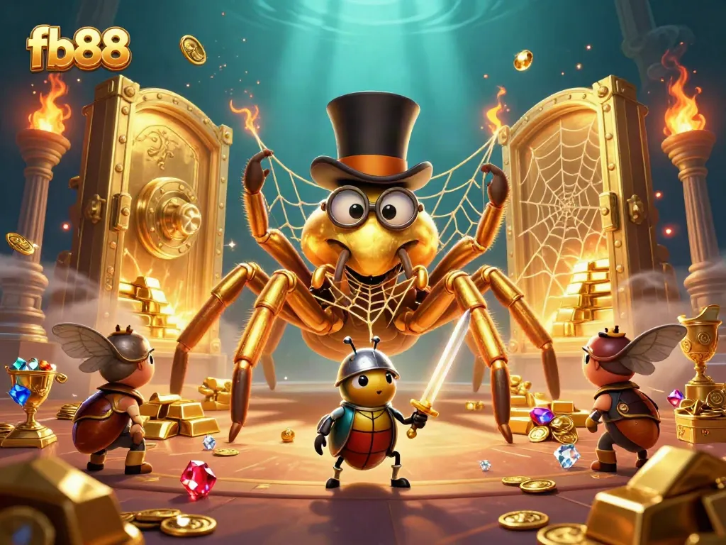 Engage with fb88's vibrant casino scene featuring a golden tarantula and treasure galore.