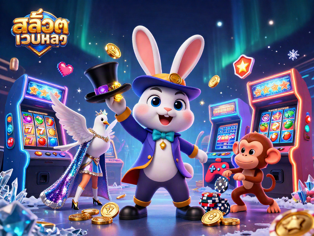 Experience the magic of สล็อตเว็บตรง with a lively 3D casino illustration featuring animated gambling elements.
