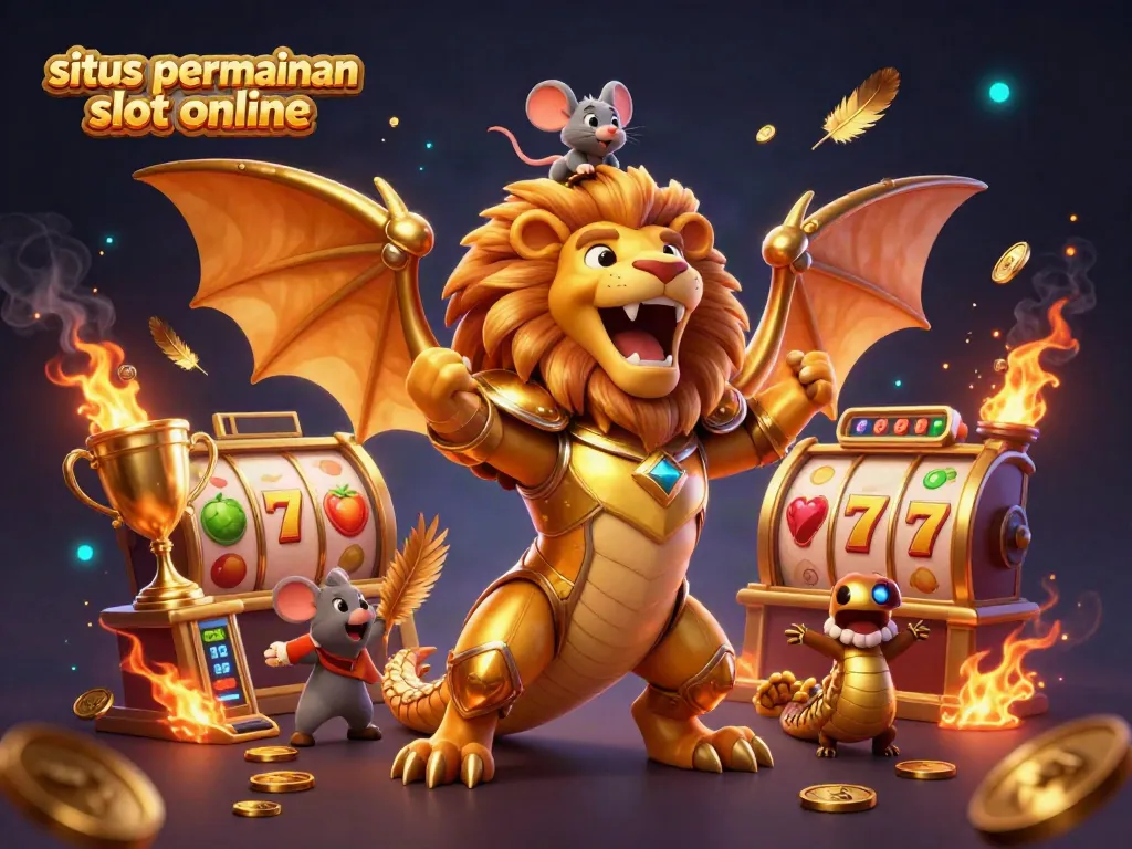 Memenangkan jackpot di situs permainan slot online dengan chimerah dan simbol golongan berkilau.