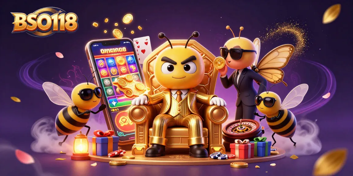 BSO118 showcases a dynamic slot game scene with a bumblebee mob boss and wasp bodyguards.