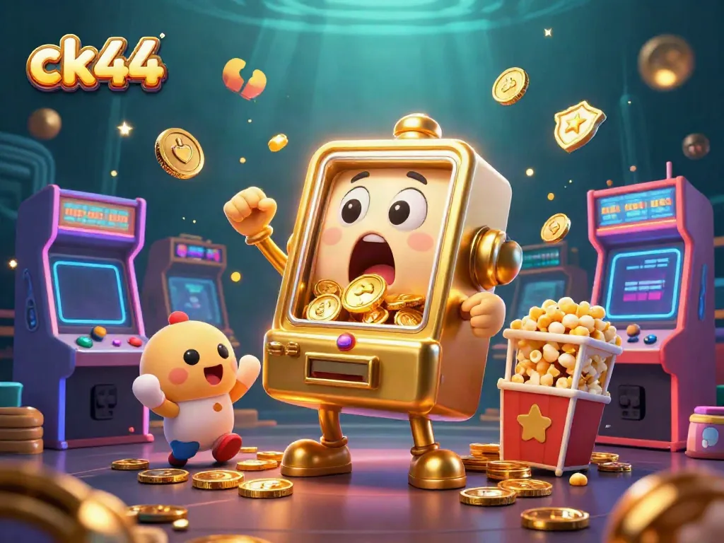 ck44 showcases a cartoon slot machine celebrating a jackpot with coins pouring out in an engaging casino scene.
