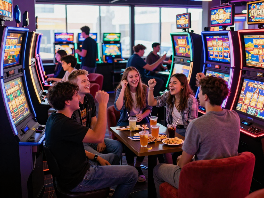 Friends enjoying slot gacor games in a lively gaming lounge