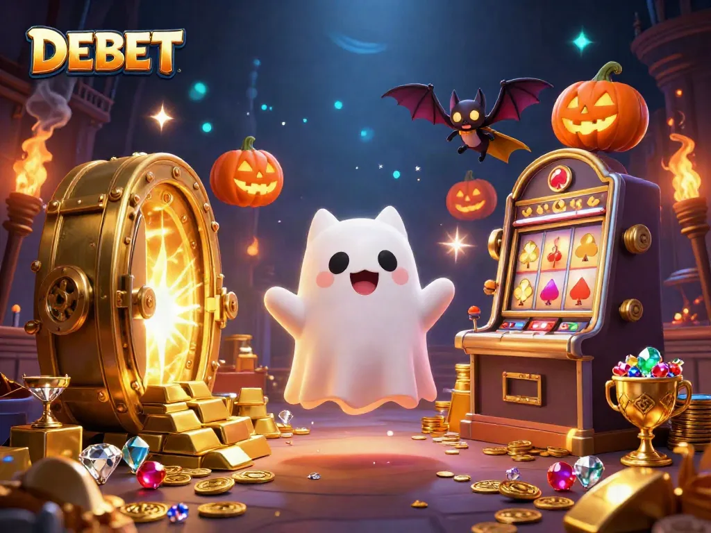 DEBET showcases a ghost cat and vampire bat in a haunted casino scene filled with treasures.