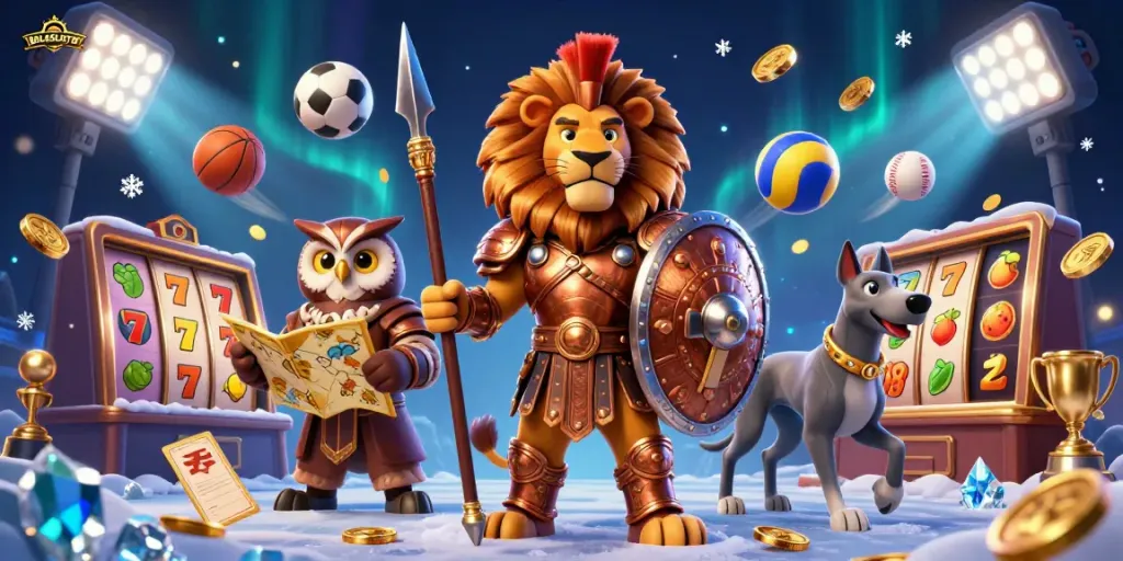 BOLASLOT88 showcases a vibrant slot game scene with a heroic Spartan lion and dynamic sports elements.