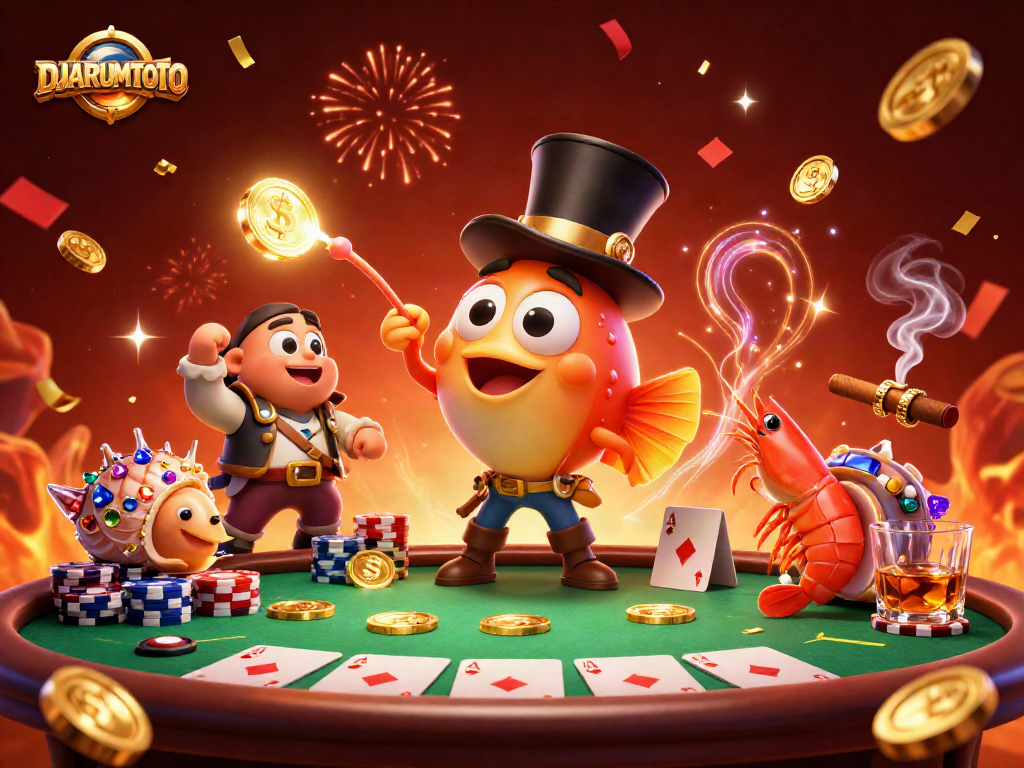 Engage with DJARUMTOTO's thrilling poker scene featuring an anglerfish, pirate shrimp, and gem snail.