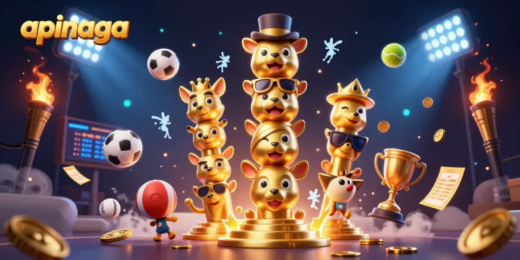 Experience the thrill of apinaga with vibrant casino elements and dynamic sports symbols in 3D.