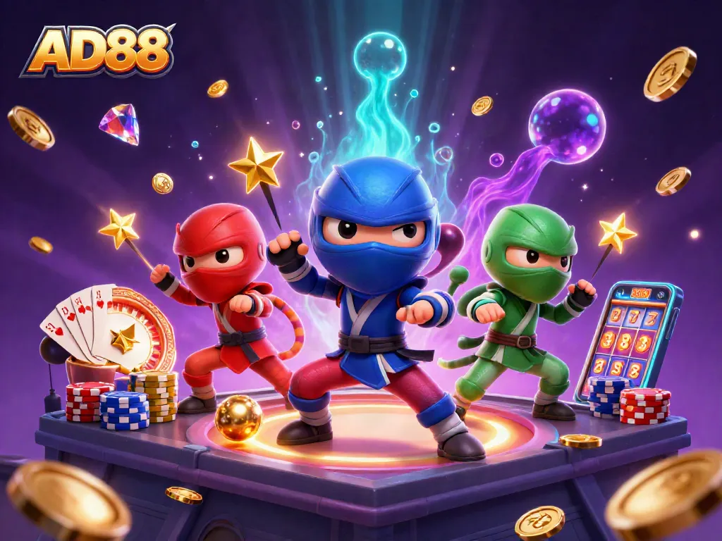 AD88 showcases a dynamic group of ninja chameleons amidst dazzling casino elements.