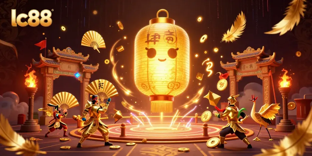 Experience the vibrant lc88 casino scene with floating lantern spirits and golden warriors.