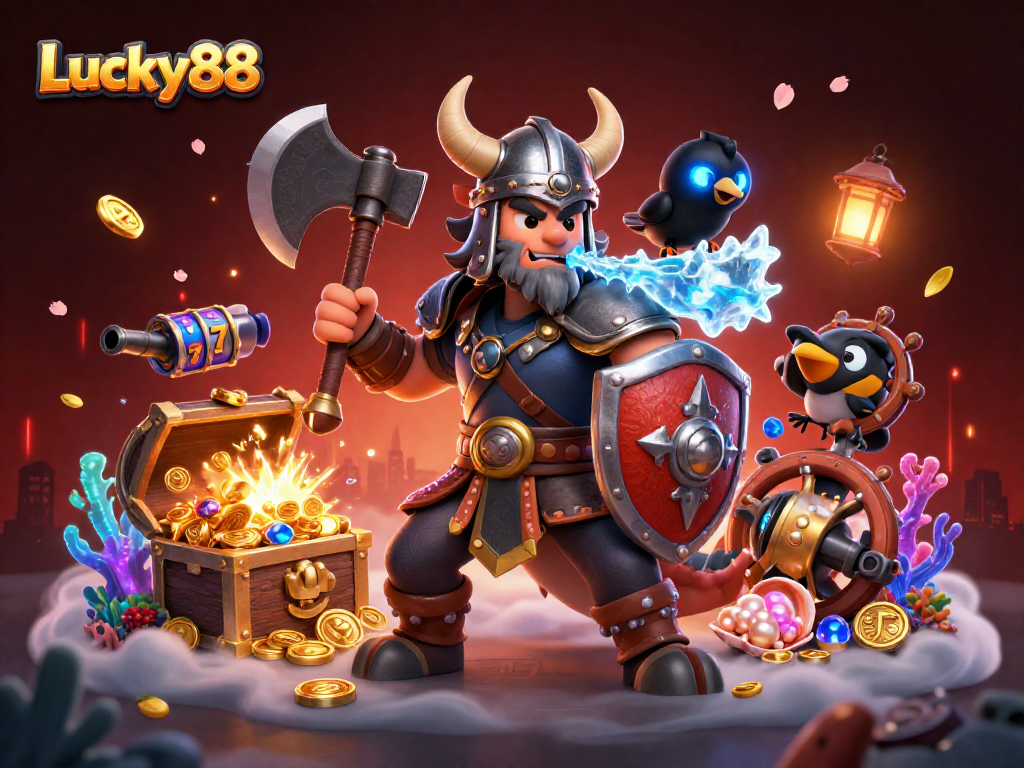 Experience the thrill of Lucky88 with a Viking warrior, a fierce dragon, and vibrant casino elements!