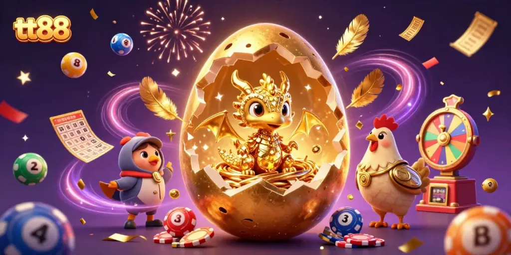 Experience epic wins at tt88 with golden dragons and vibrant casino elements in this immersive illustration.
