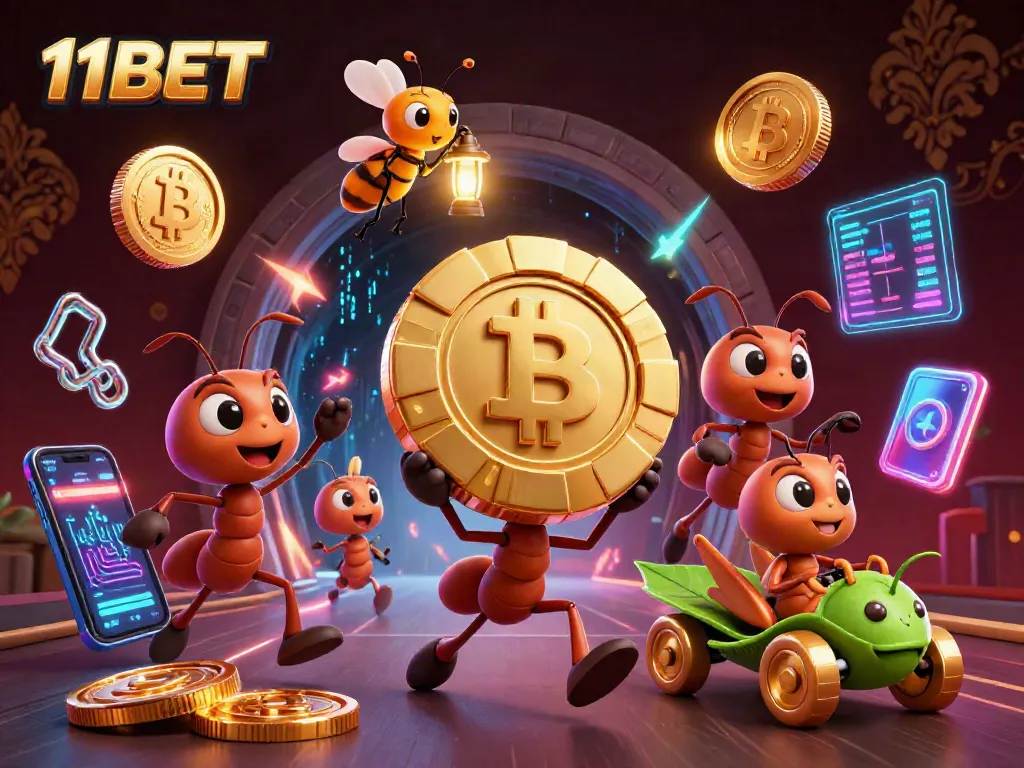 11BET illustrates a heist scene with cartoon ants and crypto elements, enhancing the gaming excitement.