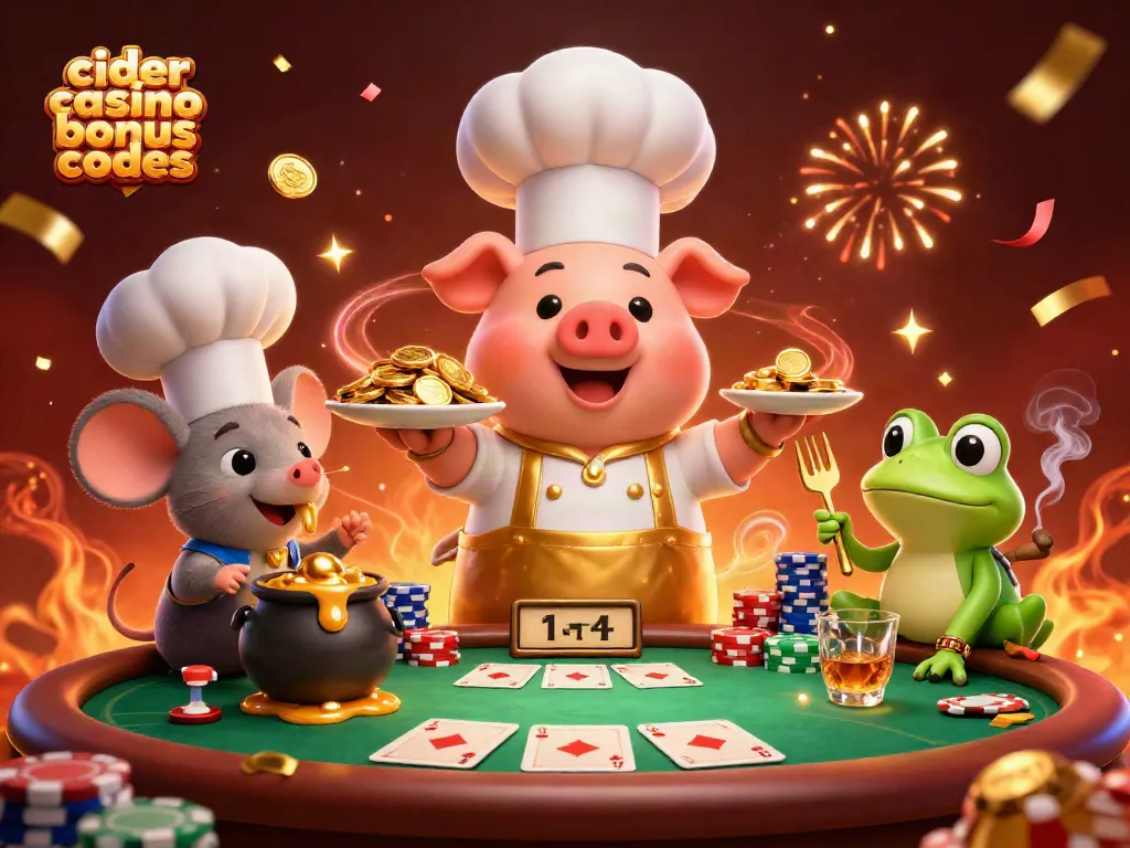 Players unlock cider casino bonus codes for exciting gaming, with chefs and characters in a vibrant, engaging casino scene.