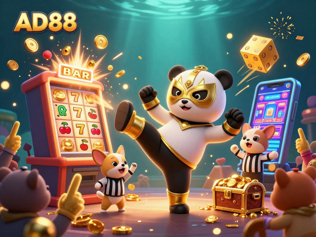 AD88 brings excitement with a dynamic 3D illustration featuring a wrestler panda, colorful slot machine, and a cheering crowd.