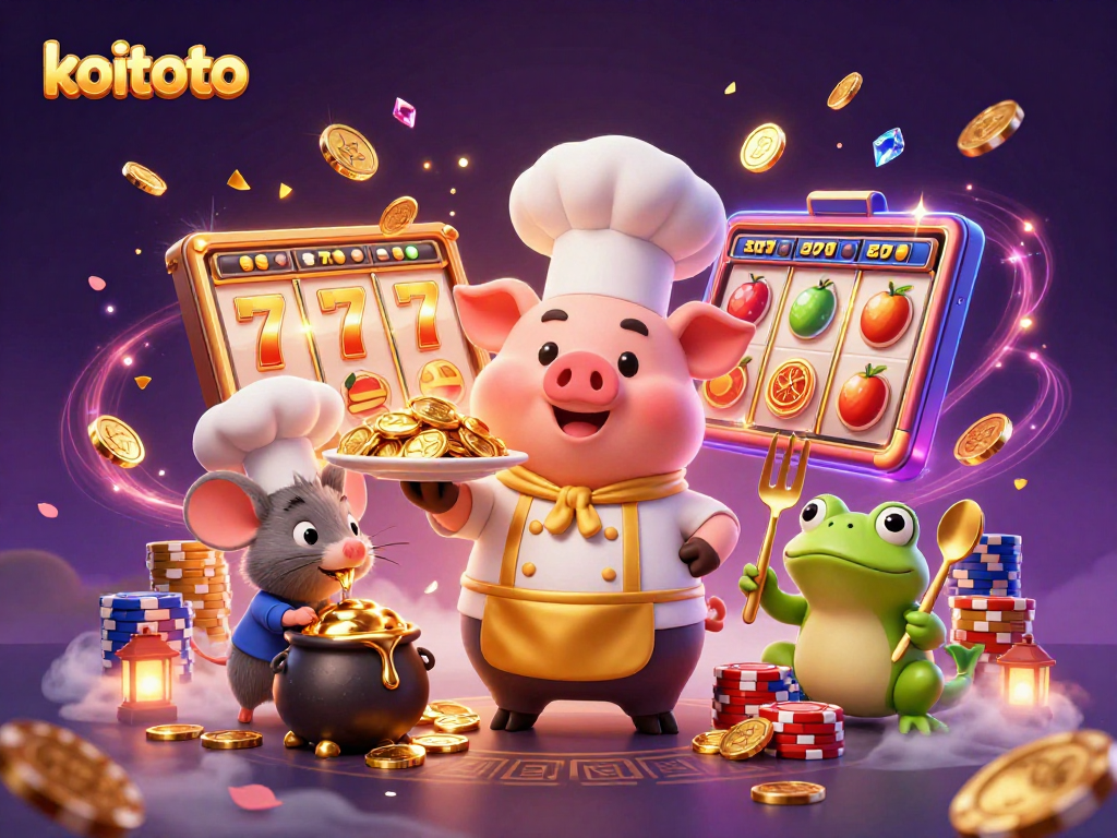 Permainan slot melalui koitoto dengan simbol keberuntungan dan tumpukan koin emas yang menarik.