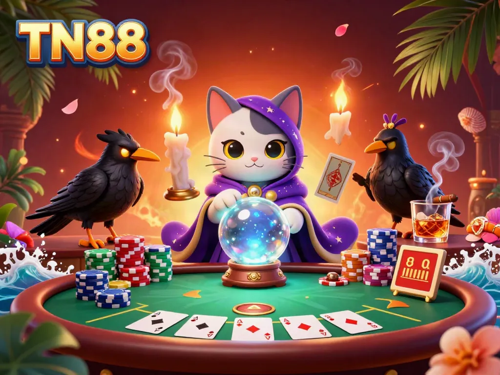 Experience TN88's dynamic casino scene featuring a fortune teller cat, glowing raven, and vibrant poker elements.