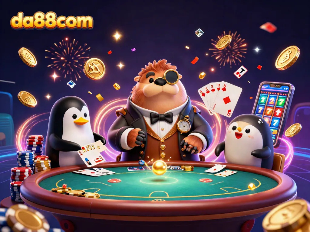 Experience games at da88com with a jolly walrus playing poker in a vibrant underwater scene.