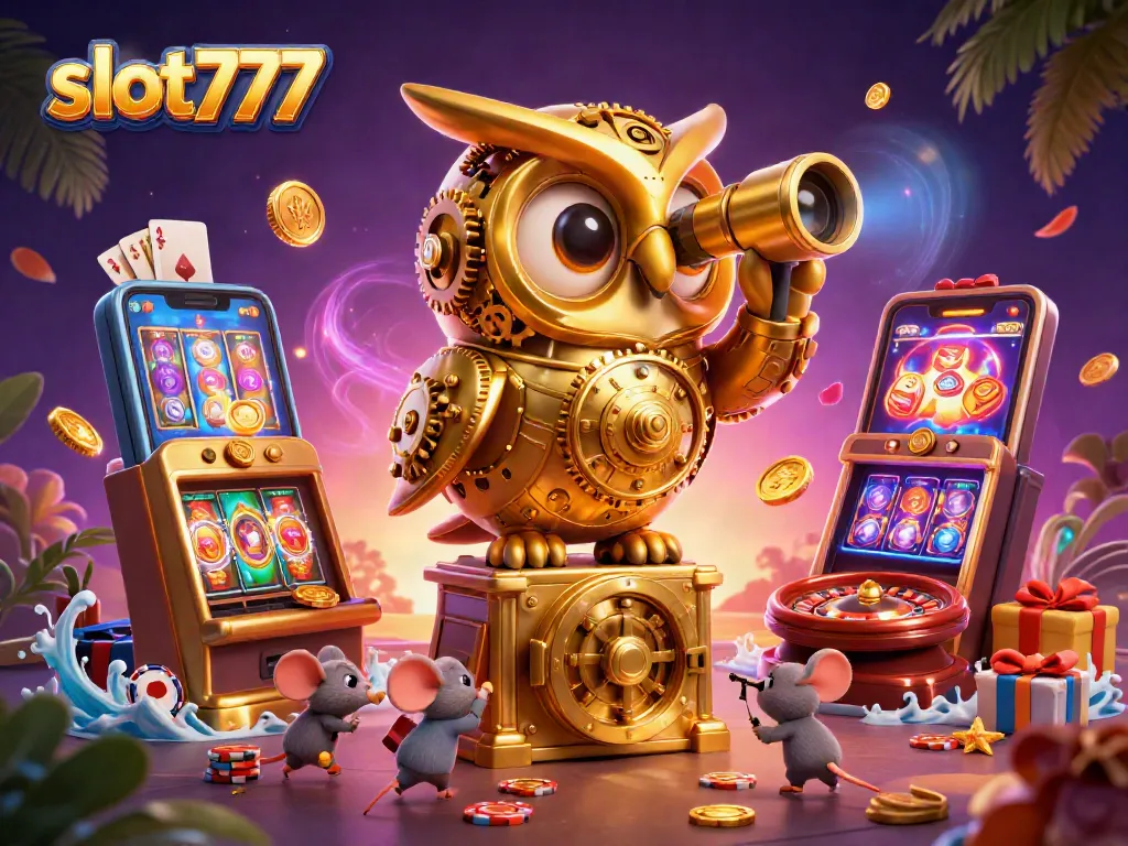 Menangkan slot777 dengan karakter menarik dan permainan yang penuh kegembiraan di latar kasino.