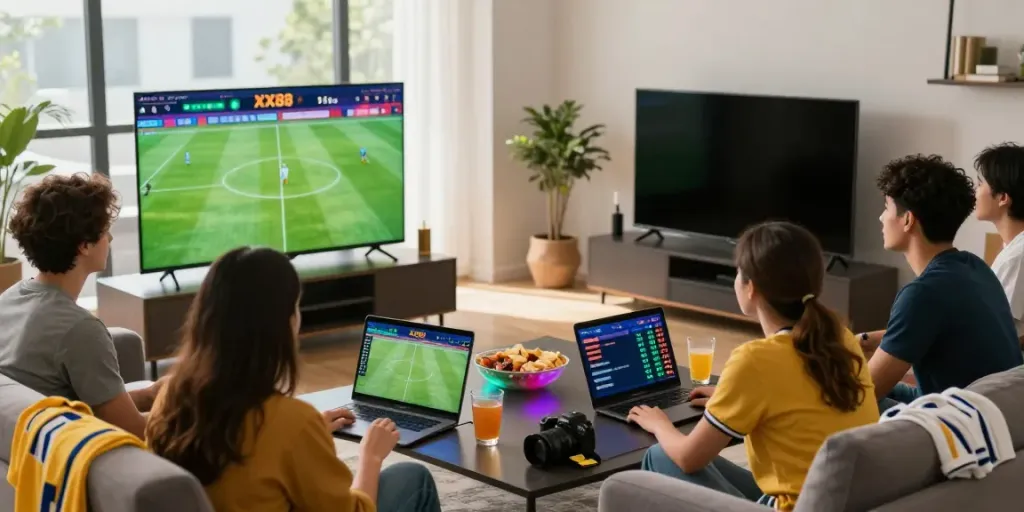 Group enjoying online betting on XX88 during a football match.
