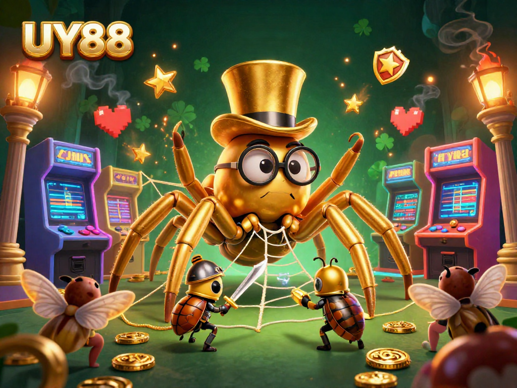 Engage with UY88's exciting casino gaming world featuring a golden tarantula and a knight.