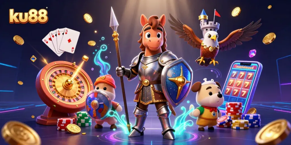 Engaging ku88 casino scene showcasing a knight and squire amidst sparkling gems and gaming elements.