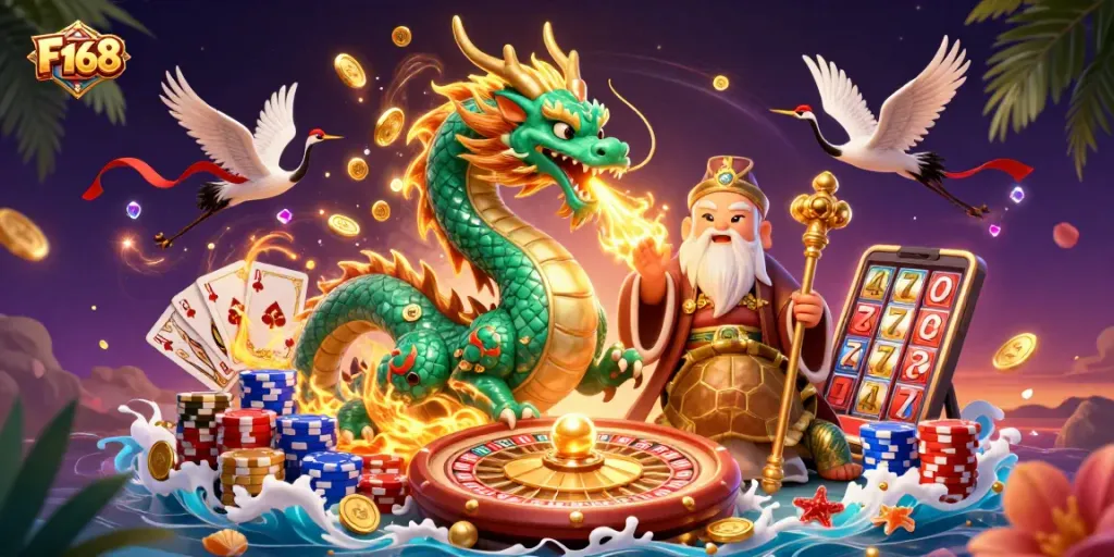 Experience thrilling F168 gameplay with a vibrant scene of a jade dragon and fortune symbols.