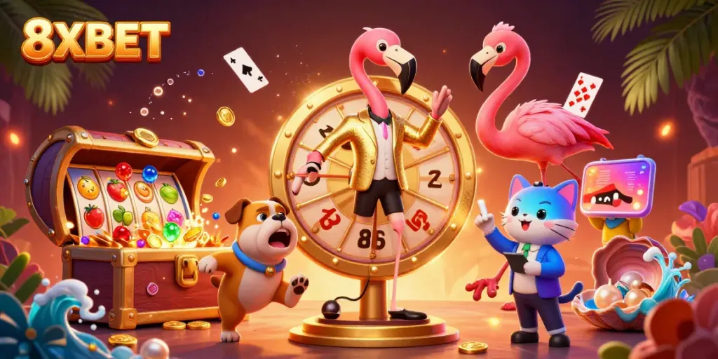 Experience thrilling gameplay with 8XBET, showcasing vibrant characters and dynamic casino elements in a 3D illustration.