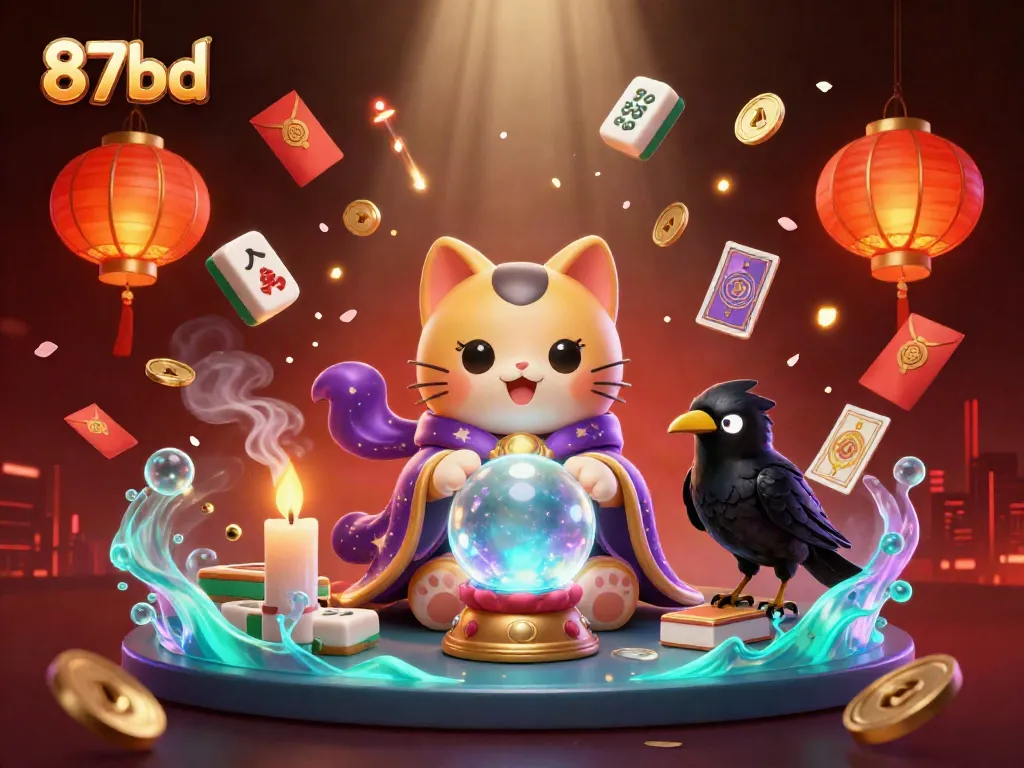 Experience the magic of 87bd with a mystical scene showcasing a fortune teller cat, raven, and vibrant casino elements.