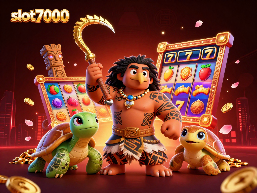 Mendorong kemenangan dengan slot7000 yang menampilkan karakter kartun dalam ilustrasi kasino yang dinamis.
