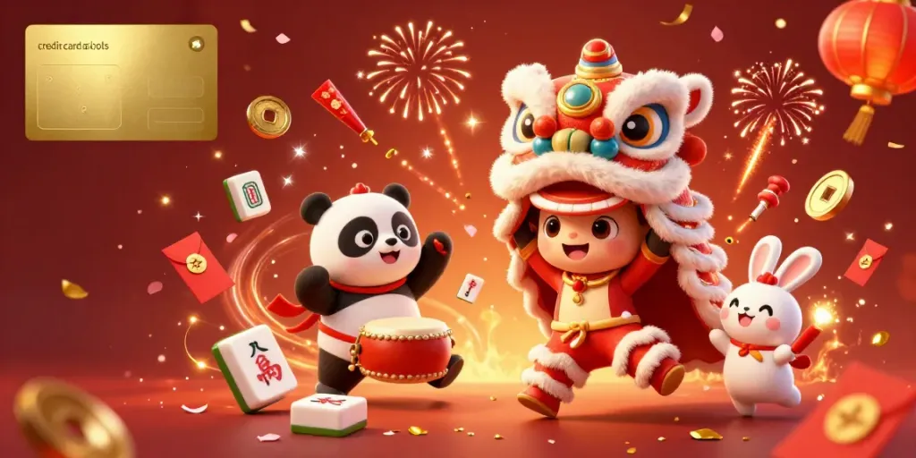 Experience exciting credit card slots with festive 3D characters, lively atmosphere, and vibrant casino elements.