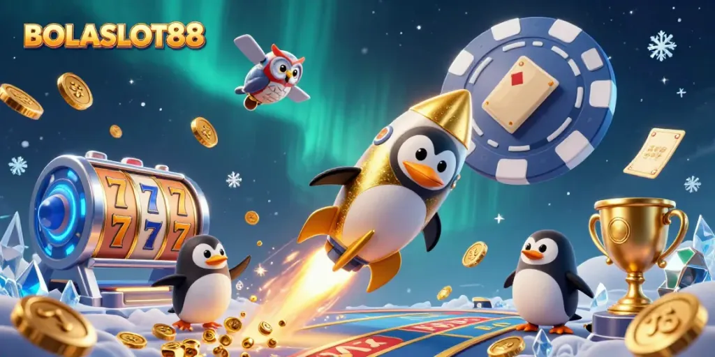 BOLASLOT88 offers a vibrant casino experience with a golden penguin soaring among slot machines and coins.