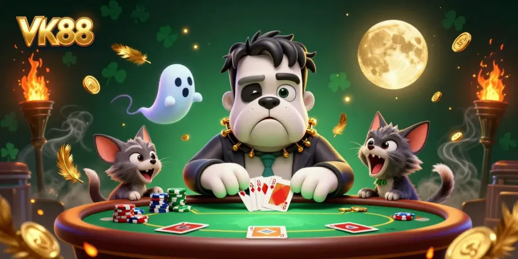 Engage in thrilling poker action with VK88 featuring a unique bulldog dealer amidst ghostly elements.