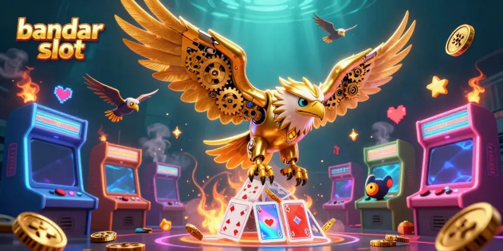 Menangkan permainan dengan bandar slot, ilustrasi 3D berupa burung elang cybernetic terbang di atas kartu holografik.