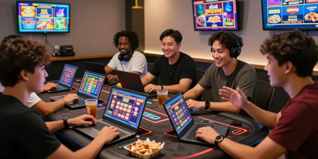 Friends enjoying slot gacor games at a vibrant digital casino table along with colorful game interfaces.