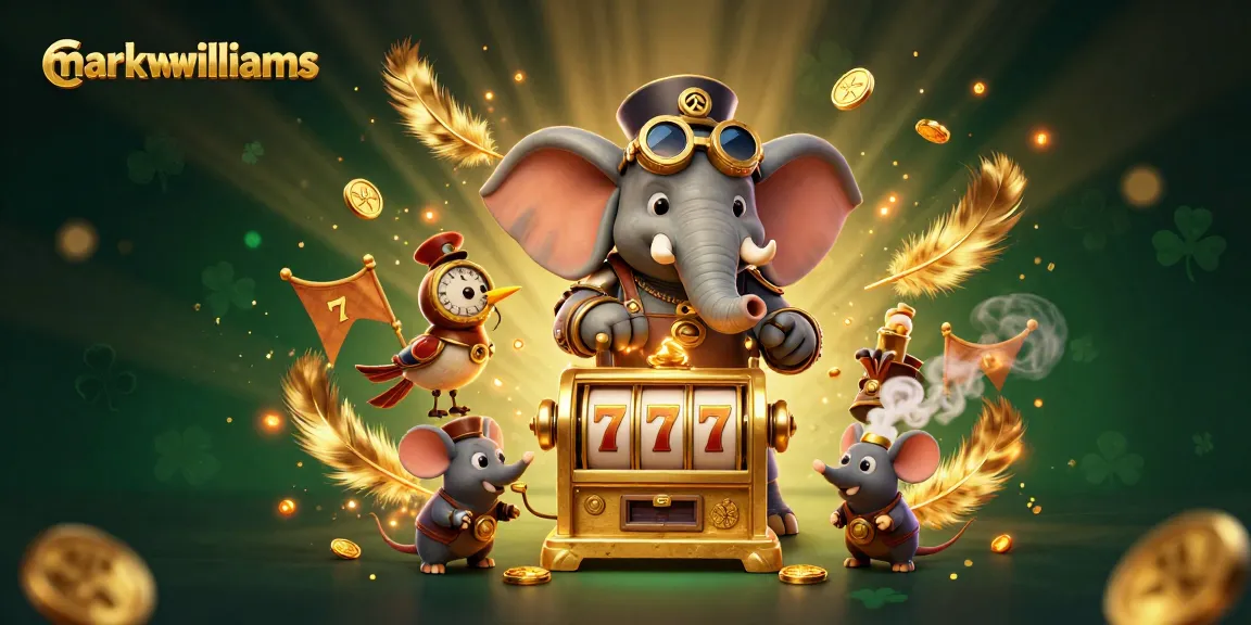 markwwilliams showcases a steampunk elephant engineer at a golden slot machine, radiating excitement.