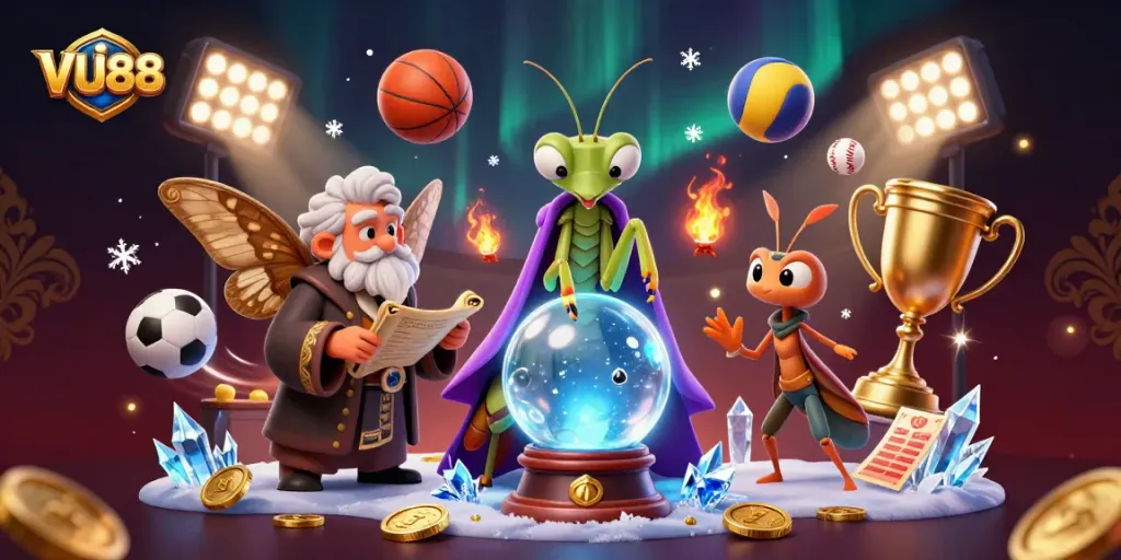 Engage with VU88's thrilling sports action through a mystical 3D illustration depicting gaming excitement.